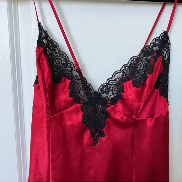 Frederick's of Hollywood Red Satin Black  Lace Slip Dress - Picture 4 of 8